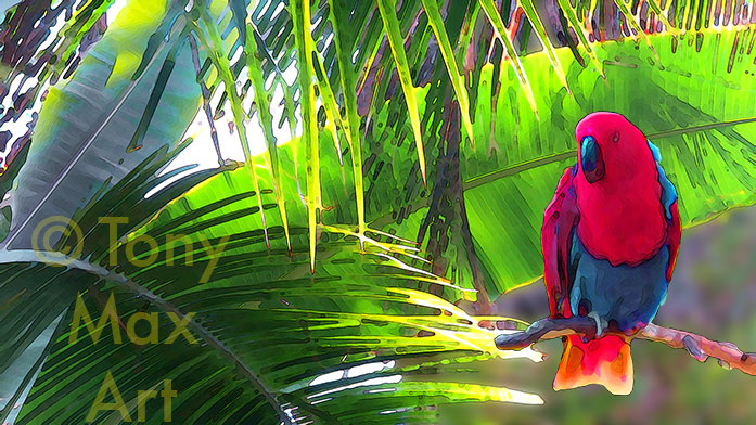 "Red Parrot – Sweeping Fronds" – parrot art prints by artist Tony Max
