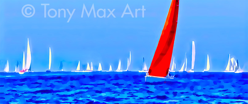 "Red and White Sails – Panorama" – sailing paintings by  artist Tony Max