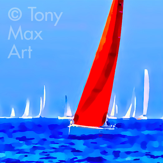 "Red and White Sails – Overview Square" – sailing paintingst by painter Tony Max"Red and White Sails – Overview Square" – sailing paintingst by painter Tony Max