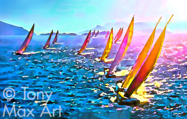 "Regatta 1 – Panorma" – Sailing art and Pacific coastal art by artist Tony Max