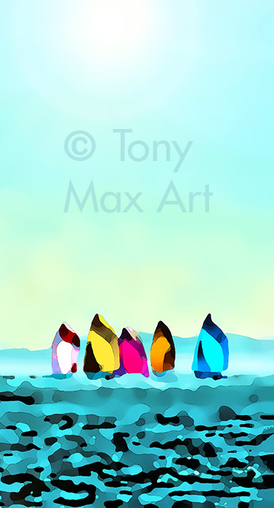 "Regatta 3 – Five Sailboats" – sailing art by artist Tony Max