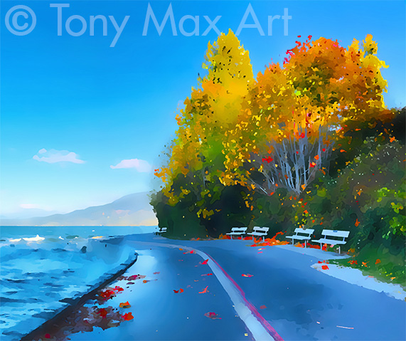 "Seawall in Fall – Horizontal – Stanley Park paintings by artist Tony Max