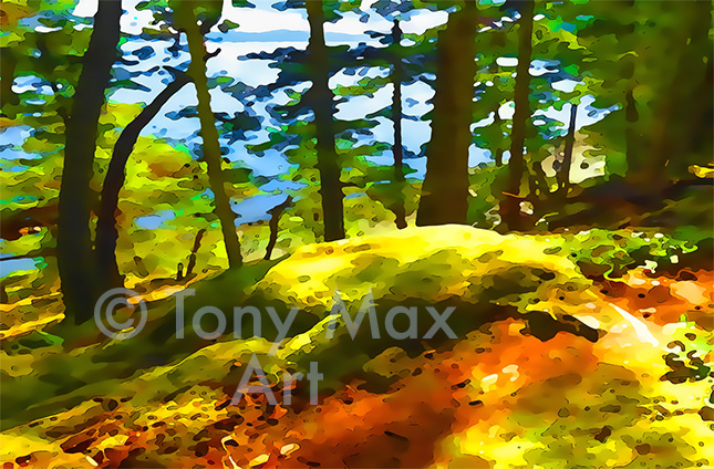 "Shore Trail – Yellow Lichen" – B. C. coastal prints by artist Tony Max