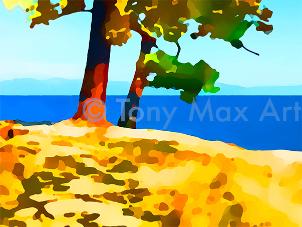 "Shore Trees – Closeup Horizontal" – British Columbia caost paintings by painter artist Tony Max