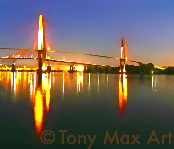 "Sky Bridge – Effulgent Lights" – New Westminster painting by Tony Max