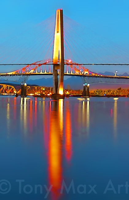 Sky Bridge – North Tower at Dusk – New Westminster art prints by artist Tony Max
