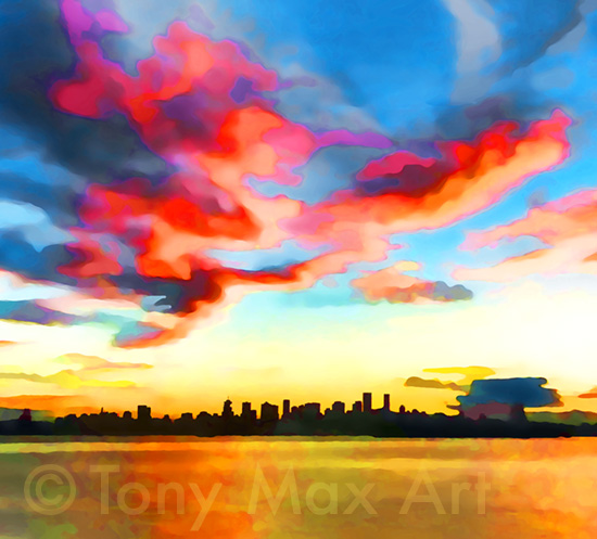 "Skyline at Dusk – Dancing Clouds– Almost Square" – Vancouver art by artist Tony Max