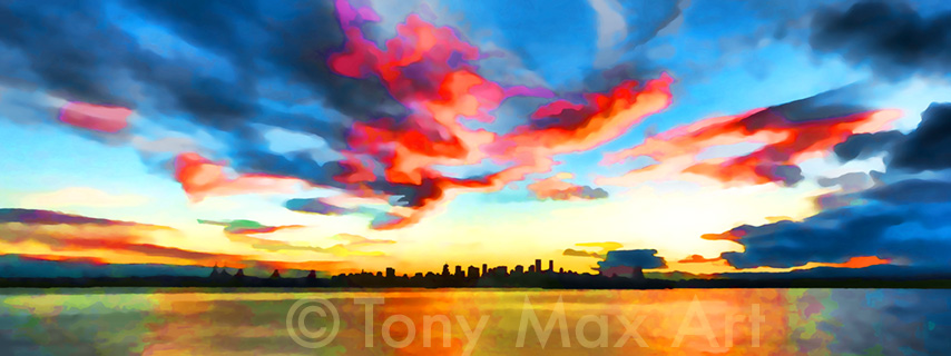 Skyline at Dusk – Dancing Clouds – Vancouver art by artist Tony Max