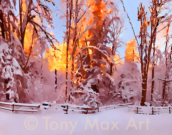 "Snowy Trails Hub – Horizontal" -  B. C. paintings by landscape painter Tony Max
