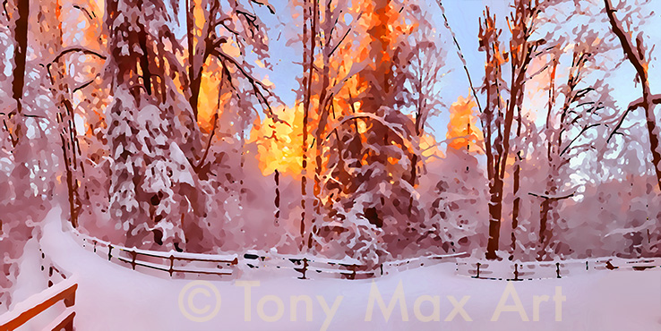 "Snowy Trails Hub – Panorama" – Winter landscape art by Tony Max