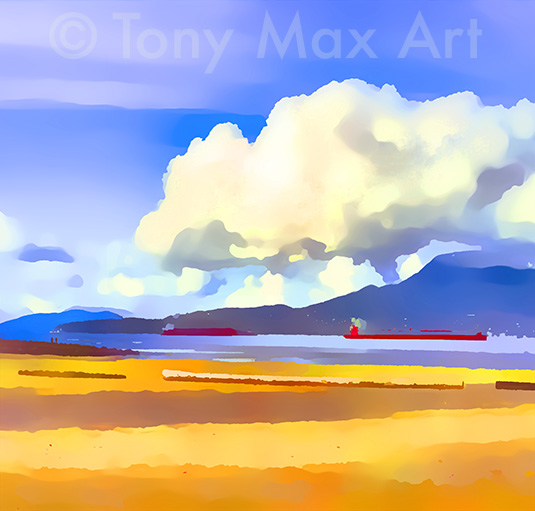 "Spanish Banks – Puffly Clouds Close-up" – Vancouver art by painter Tony Max
