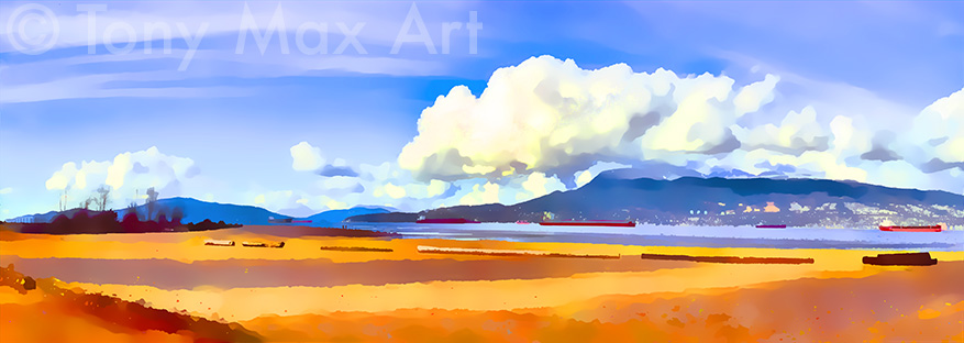 "Spanish Banks – Puffy Clouds Panorama" – fine art prints of Vancovuer by Tony Max