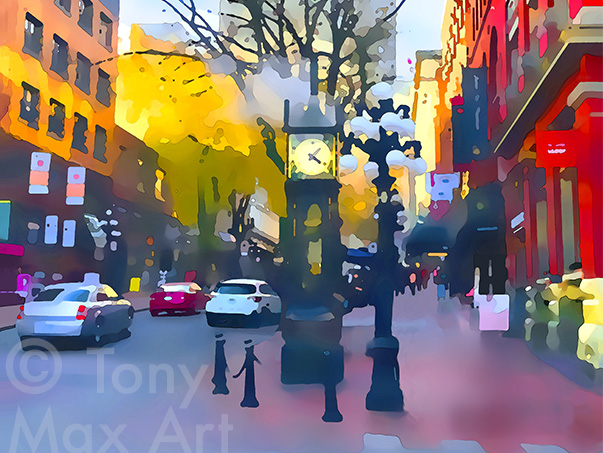 "Steam Clock Number 1 Horizontal" – Vancouver Gastown art by painter Tony Max