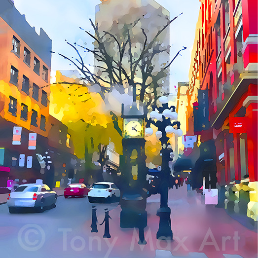 "Steam Clock Number 1 – Square" – Vancouver Gastown art by painter Tony Max