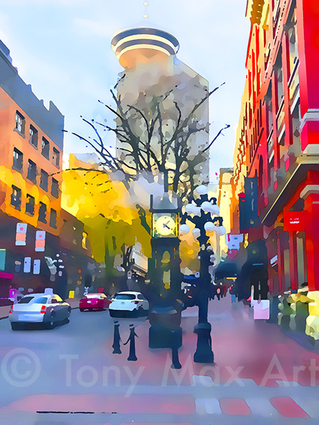 "Steam Clock Number 1 – Tall" – Vancouver art by painter Tony Max