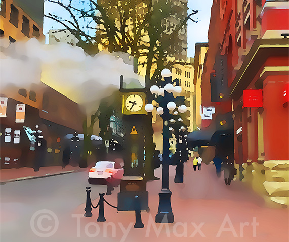 "Steam Clock Number 4 – Horizontal" – Vancouver Gastown art prints by painter Tony Max