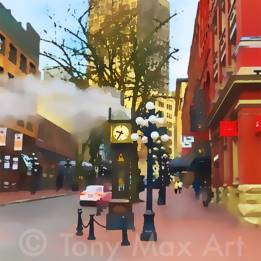 "Steam Clock Number 4 – Square"- art prints of Vancouver Steam Clock and Gastown by printmaker Tony Max