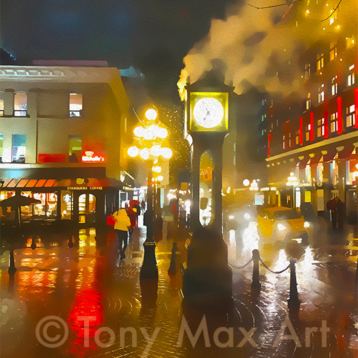 "Steam Clock – Rainy Night (East View Square)" – Vancouver art by artist Tony Max