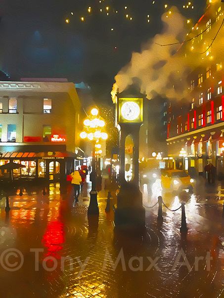 "Steam Clock – Rainy Night (East View)" – Vancouver visual art by Tony Max