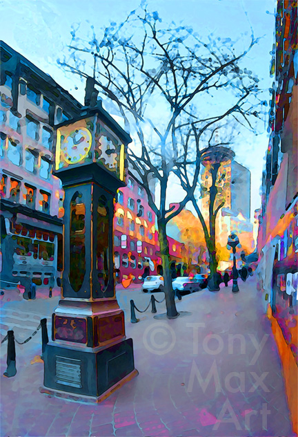 Steam Clock and Harbour Center – Gastown art prints by Artist Tony Max