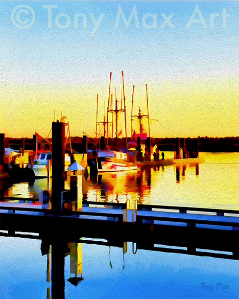 "Steveston Marina – Waning Light – Vertical" - paintings of Vancouver by Canadian artist Tony Max