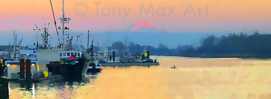 "Steveston with Mount Baker at Dusk" – Vancouver art by artist Tony Max