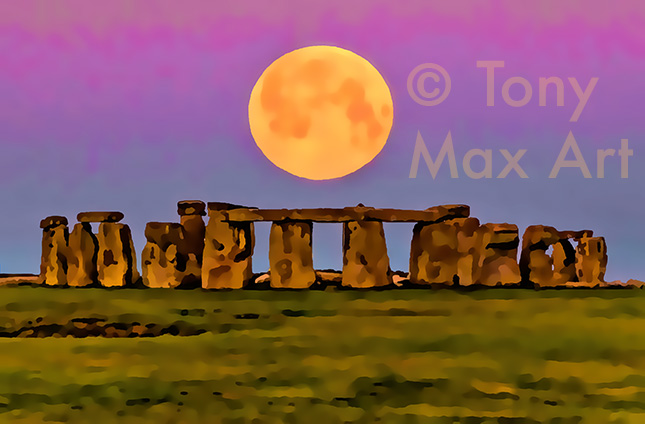 "Stonehenge With Moon" – England paintings by painter Tony Max