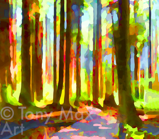 "Sun-Dappled Forest – Short" -British Columbia art prints by painter Tony Max