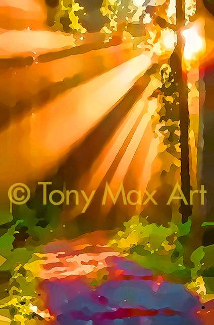 Sun Rays on Wooded Path" – B. C. paintings by Tony Max artist painter