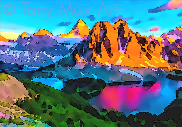 "Sunburst Peaks and Mount Assinaboine 1" – East Kootenay paintings and Rocky Mountains art by artist Tony Max