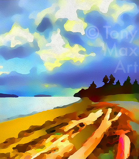 "Sunlit Driftwood – Moderately Vertical" - B. C. art prints by printmaker and painter Tony Max