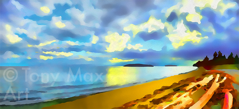 "Sunlit Driftwood  – Panorama" – B.C. Sunshine Coast art by Tony Max
