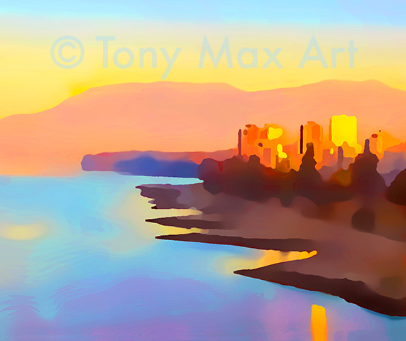 "Sunrise From Burrard Bridge" – Vancouver art by Tony Max