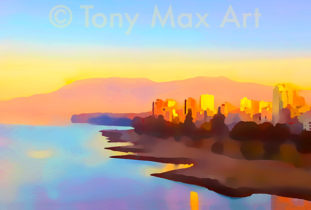 "Sunrise From Burrard Bridge – Horizontal" – Vancouver art by Tony Max