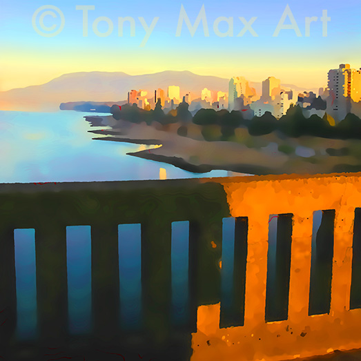 "Sunrise From Burrard Bridge"- art prints of Vancouver by painter Tony Max