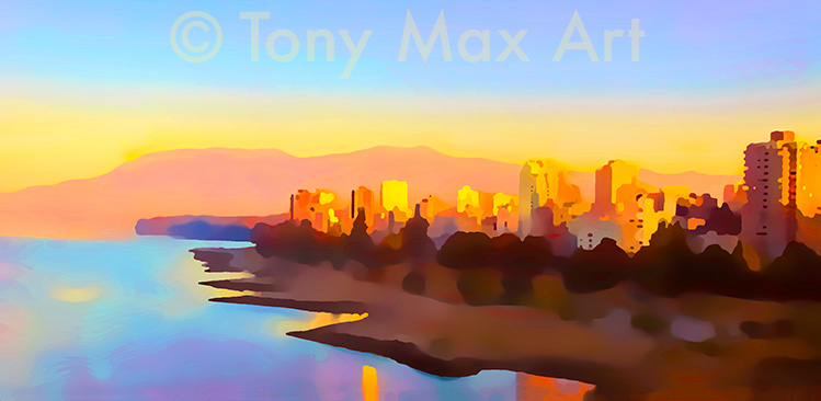 "Sunrise From Burrard Bridge" -  Vancouver art prints by artist Tony Max