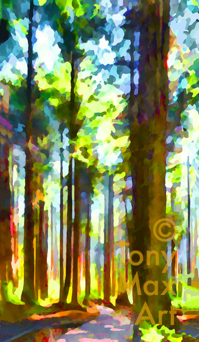"Sun-Dappled Forest – Tall" – British Columbia art by artist Tony Max
