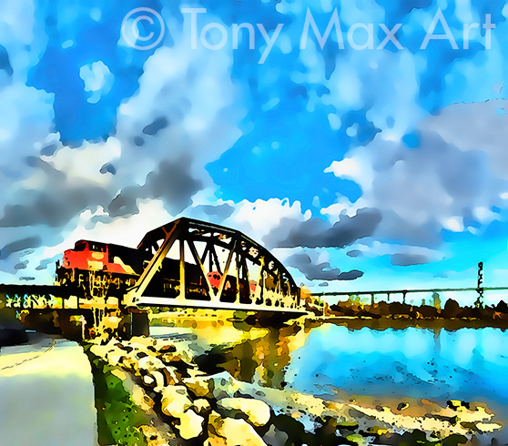 "Train on Capilano Bridge" - Vancouver art prints by artist Tony Max