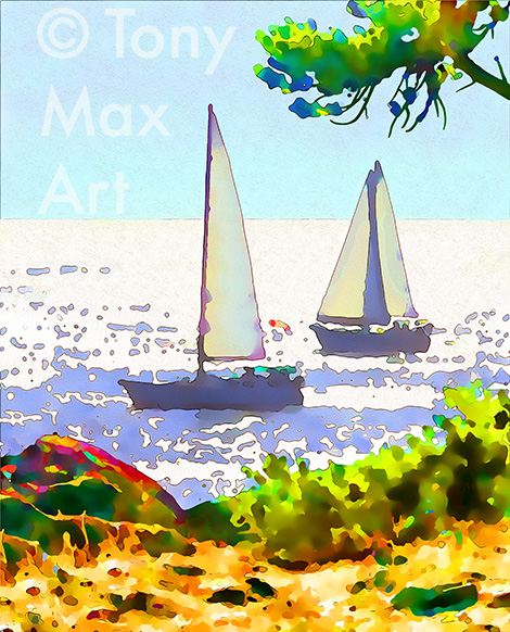 "Two Sailboats on a Frolicsome Day" -  B. C. art by master painter Tony Max