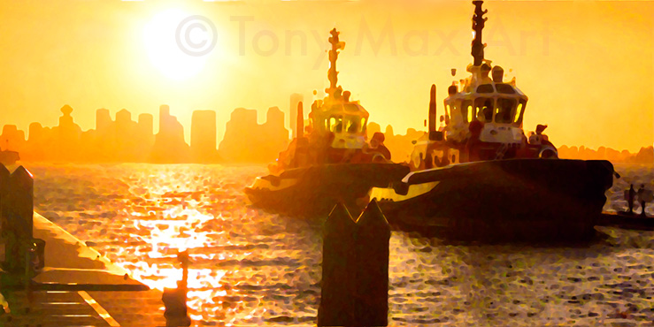 "Tugs and Skyline" - Vancouver giclees by artist Tony Max