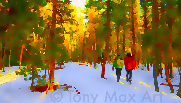 "Two Walkers – Snowy Woods Trail" - art prints of BC by Tony Max painter-artist