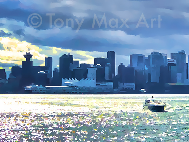 "Vancouver Downtown With Speedboat" – Vnacouver paintings by painter Tony Max