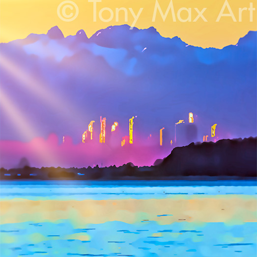 "Vancouver Evening – Sun Rays – Square" – SVancouver art by Canadian painter Tony Max"Vancouver Evening – Sun Rays – Square" – SVancouver art by Canadian painter Tony Max