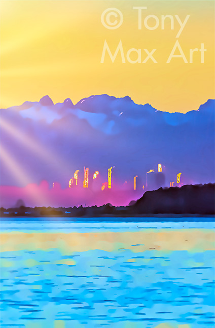 "Vancouver Evening – Sun Rays – Vertical" - Vancouver paintings by Tony Max