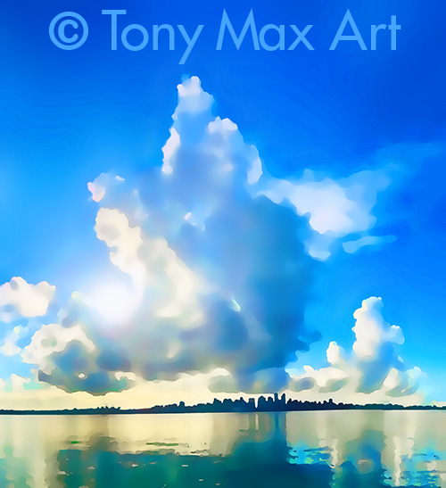 "Vancouver Skyline – Big Clouds – Vertical" – Vancouver paiintings by painter Tony Max