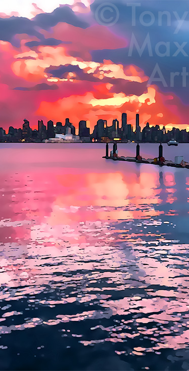 "Vancouver Magenta Sunset (Very Tall)" – North Vancouver art prints by painter Tony Max