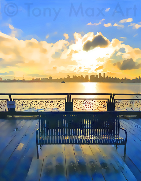 Vancouver Skyline With Benches – art by artist Tony Max