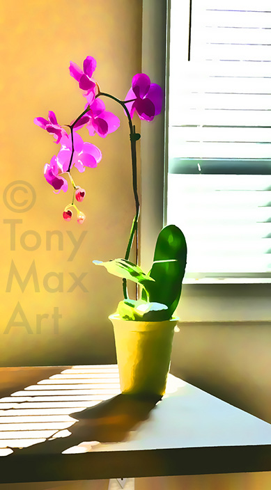"Violet Orchid by Window 1" – botanical art by artist Tony Max