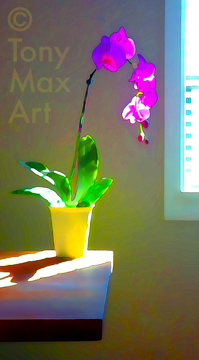 "Violet Orchid by Window 2" – Botanical art by artist Tony Max