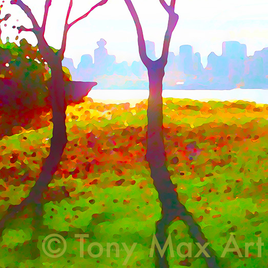 Waterfront Park – Two Trees – Square" - Vancouver art prints by printmaker Tony Max